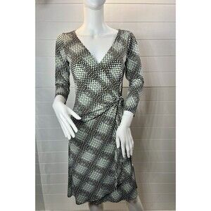 Maggie London Wrap Dress Long Sleeve Sz 8 Geometric Minimalist Modern Brown/Blue